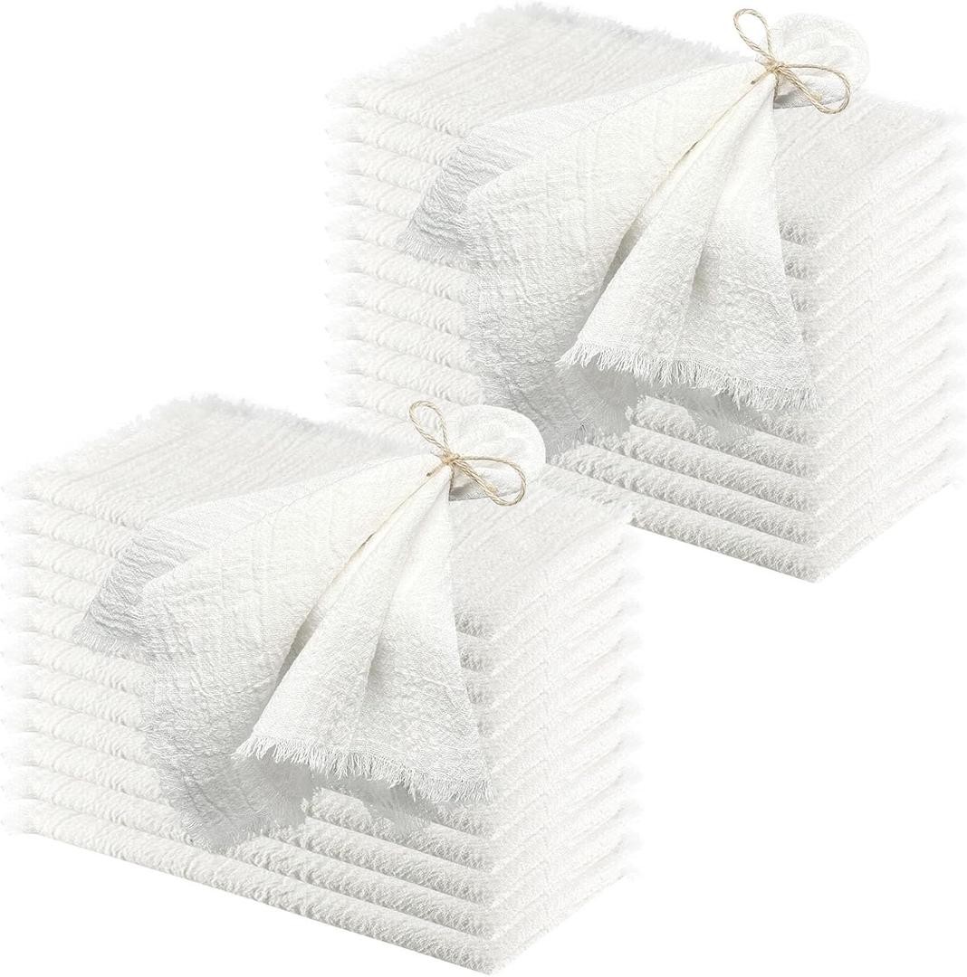 24Pack White Cloth Napkins 17x17Inch White Napkins Cloth with Fringe Soft Cotton Cloth Napkins Washable Rustic Dinner Napkins Cloth for Wedding Party Dinner Table