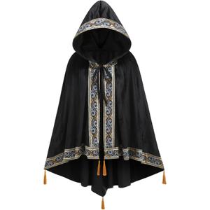 Adult Medieval Witch Hooded Cloak Women Man Renaissance Black Witchs Cape with Hood Halloween Cosplay (Black)