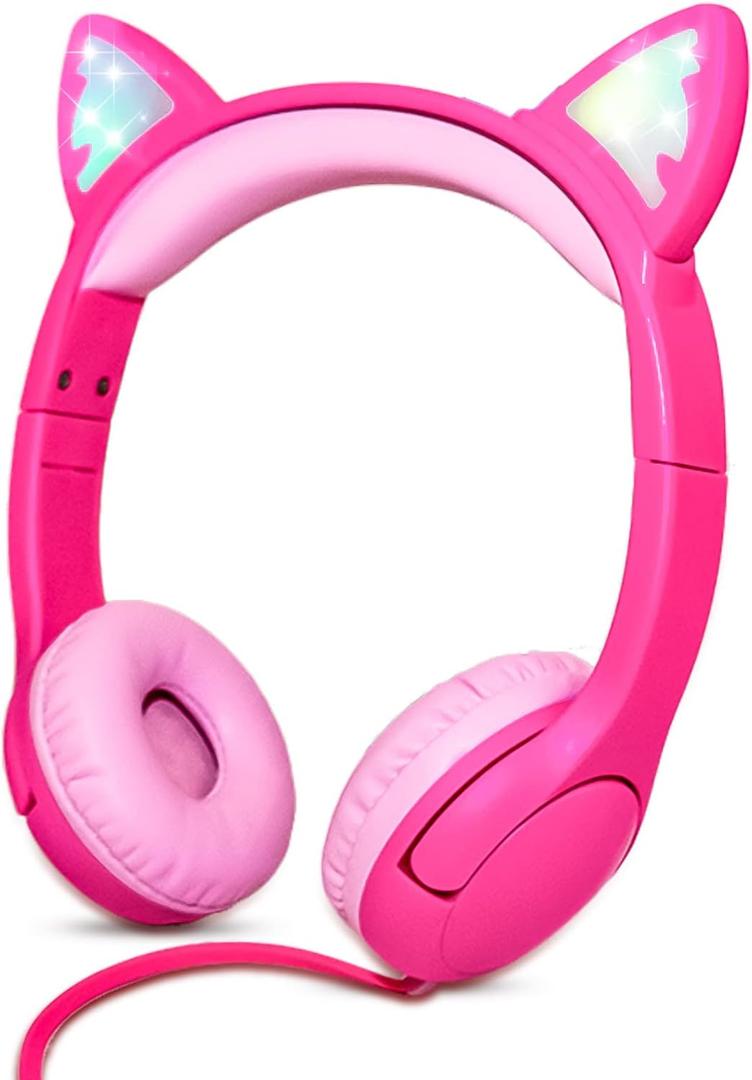 Olyre Kids Headphones with Sharing Port, Safe 85db Volume Control Light Up Cat Ear Headphones for Tablets/E-Readers, Wired Children Headphones with Microphone for School Learning Travel - Rose