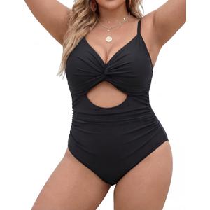Blooming Jelly Womens Plus Size Bathing Suit Tummy Control One Piece Swimsuit Twist Front Ruched Swimwear (X-Large, Black)