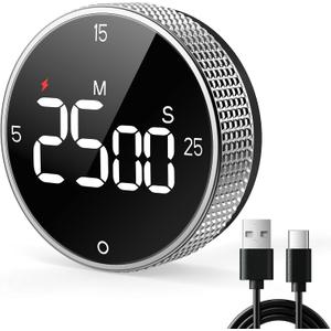 USB Rechargeable Magnetic Kitchen Timer for Cooking, Building 800mAh Battery Large Display Digital Countdown Timer, 3 Preset 5/15/25 Mins Loud Alarm for Baking Grilling Studying - Silver