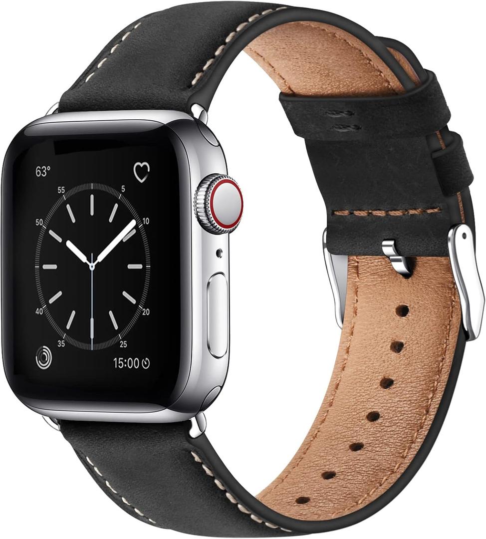 SUNFWR Leather Bands Compatible with Apple Watch Band 42mm(Series 3 2 1) 44mm 45mm 46mm 49mm for Men Women, Top Grain Genuine Leather Replacement Strap for iWatch Ultra 3 2 1, SE3 2 1, Series 11 10 9 8 7 6 5 4 3 2 1 (Black/Silver)