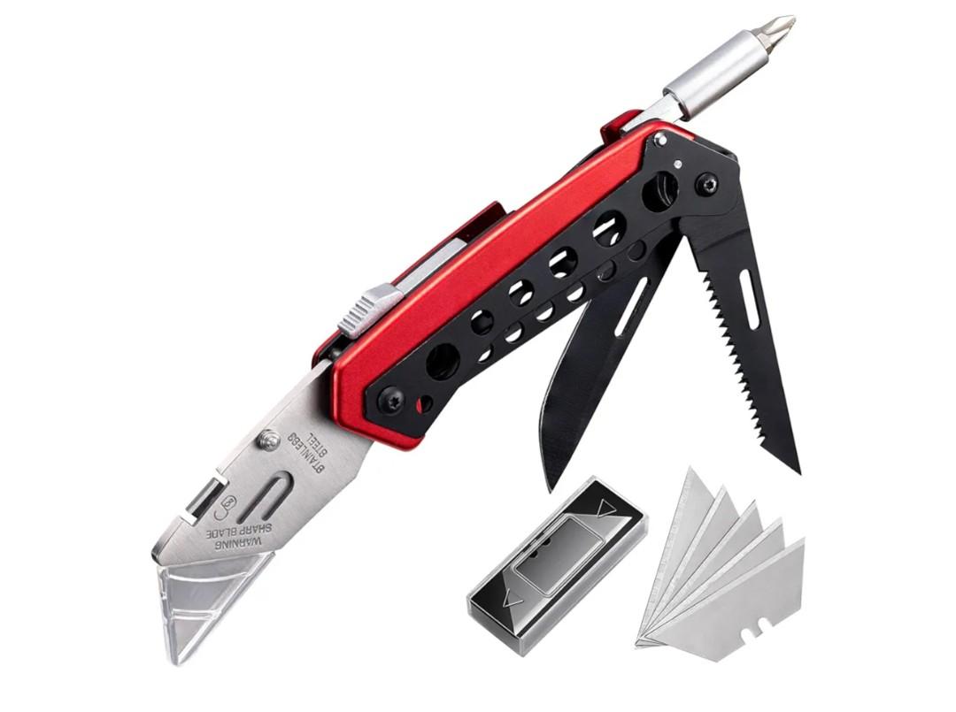 Folding Utility Knife, Heavy Duty Box Cutter Knife, Quick Change Razor Knives with 5 Extra Blades, Screwdriver, Saw, Clip, Holder for Belt, Safety Lock, EDC Work Knives, Gifts for Men Wowen
