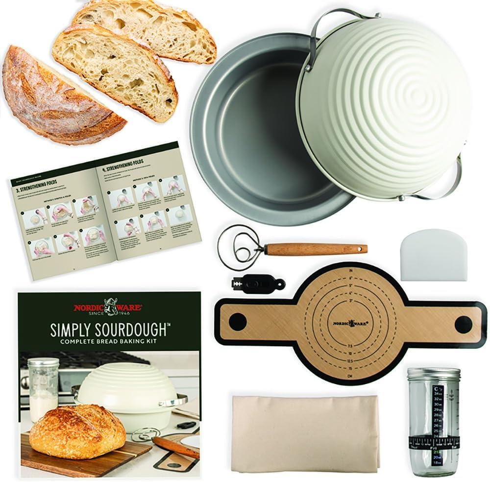Nordic Ware Simply Sourdough Complete Bread Baking Kit BAKING PAN INCLUDED, Dual use Banneton lid, 22pg Guide book w/Recipes, Danish Whisk, Starter Jar, Cutter, Lifting Mat, Scraper, Cotton Liner, 9pc Kit