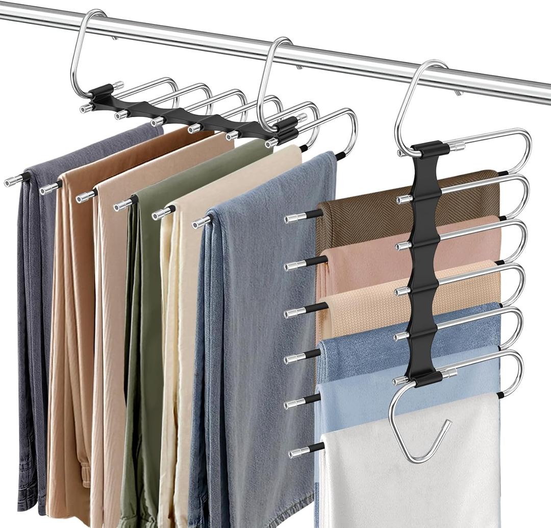 Upgrade 6 Layers Pants Hangers Space Saving, 2 Pack Stainless Steel Multifunctional Pants Rack Non Slip S-Type Pant Closet Organizer Hangers Space Saver for Pants Leggings Jeans Trousers Scarf, Black
