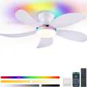PHORUS 42" White RGB Ceiling Fans with Lights and Remote/APP, Small Modern Low Profile Ceiling Fans with Quiet Reversible DC Motor, Dimmable LED Ceiling Fan Light with 3 Colors 6 Speeds