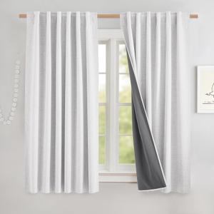 NICETOWN Linen 100% Blackout Café Curtains, Thermal Insulated & Noise Reducing Draperies with Grey Liner, Rod Pocket Short Drapes for Kids Room, Kitchen (52" W by 48" L, 2 Panels, Greyish White)