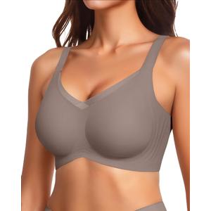 2 x VRVOCIE Wireless Bras for Women No Underwire Crossover V Mesh Seamless Supportive Bralettes Full Coverage Everyday Bra, Grey Small (Brown)