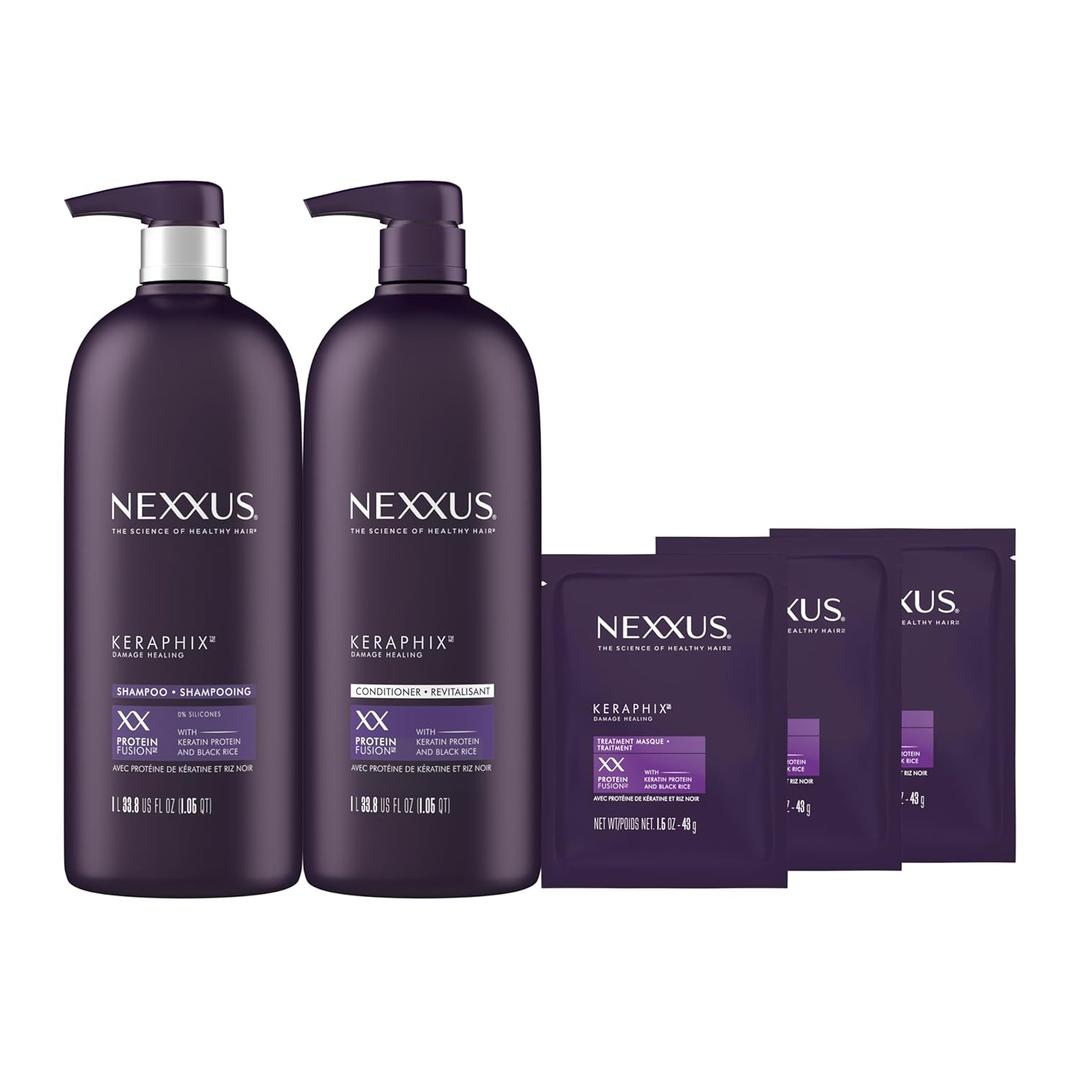 Nexxus Keraphix Shampoo and Conditioner - Damaged Hair Treatment System with Keratin Protein and Black Rice, 2 Count & 3 Repair Masks Treatment, 33.8 oz, 1.5 oz, 3 Count, 5 Count (Pack of 1)