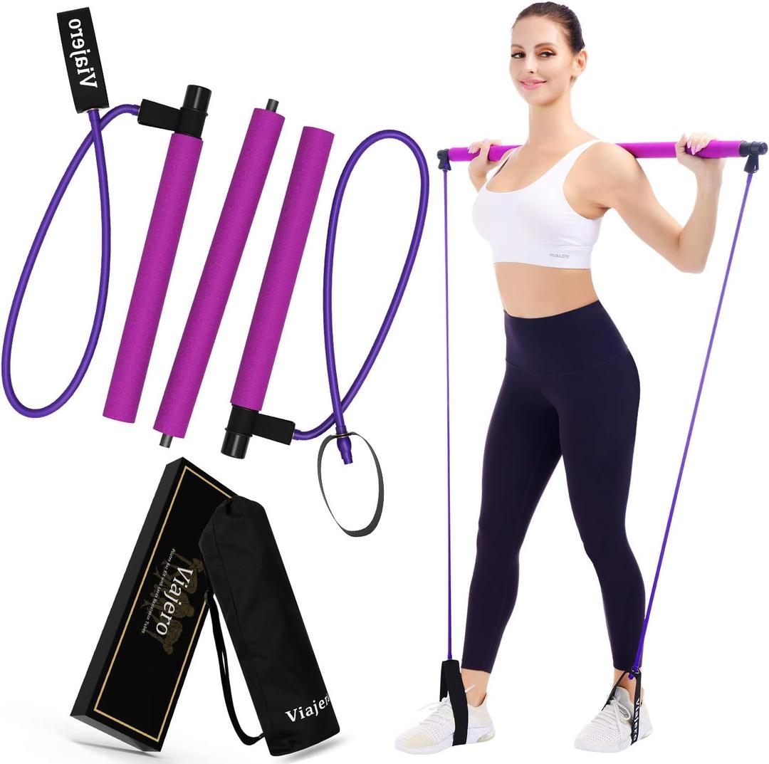 Viajero Pilates Bar Kit for Portable Home Gym Workout - 2 Latex Exercise Resistance Band - 3-Section Sticks - All-in-one Strength Weights Equipment for Body Fitness Squat Yoga with E-Book & Video