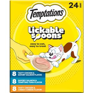 Temptations Lickable Spoons, Soft Lickable Cat Treats, Adult Wet Cat Treats, Variety Pack, 24 Spoons (EXP 07/16/26)