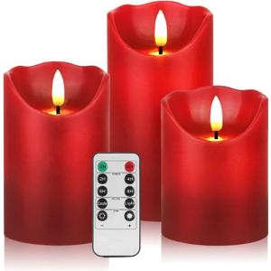 3 PCS Red Flickering Flameless Candles - Dripless Real Wax Pillar LED Candle Lights - Battery Operated Candles - Dancing Electronic Candles Set with Remote Control and Timer for Decoration Use