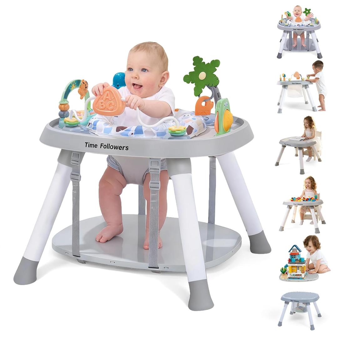 Time Followers 6-in-1 Baby Activity Center | 4 Stage Montessori-Inspired Toys | Grow Stationary Standing Toddler Table | Jumpers & Bouncers | Must Have for Boy & Girl 6, 12, 24+ Month Old (Grey)