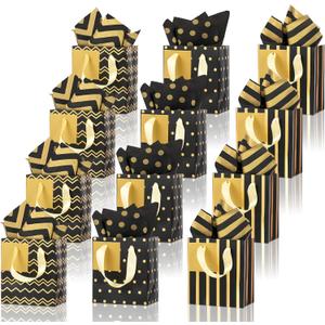 Tenare 12 Pcs Small Gift Bags Mini Metallic Paper Bag Bulk Tiny with Handle Tissue Paper for Gift Wrapping Happy Valentines Day Chinese New Year Birthday Party(4 x 2.75 x 4.5 Inch,Black Gold)