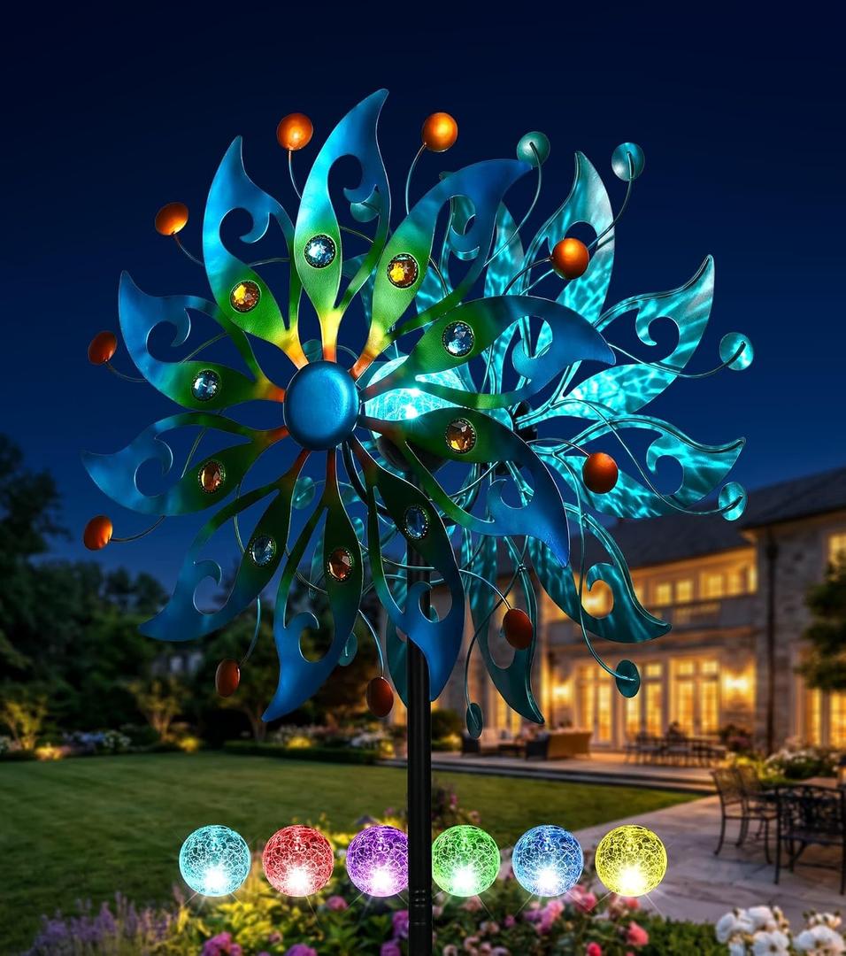 87" Large Solar Wind Spinners Outdoor, Peacock Metal Garden Decor
