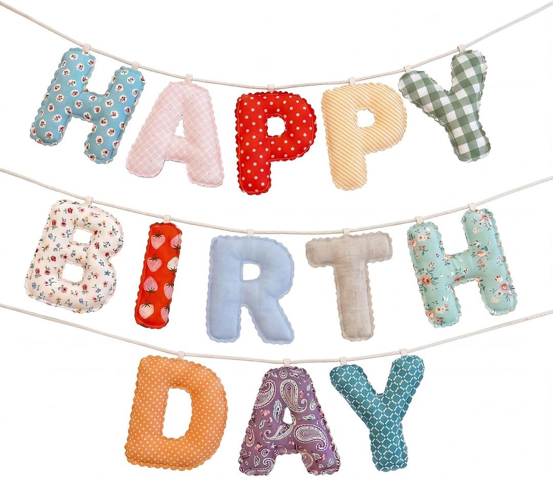Mindsoft Pre-strung Happy Birthday Banner Vintage Floral Birthday Hanging Garland Decor Reusable Cotton Fabric Colorful Sign for Colorful Party Backdrop Photo Prop Decorations