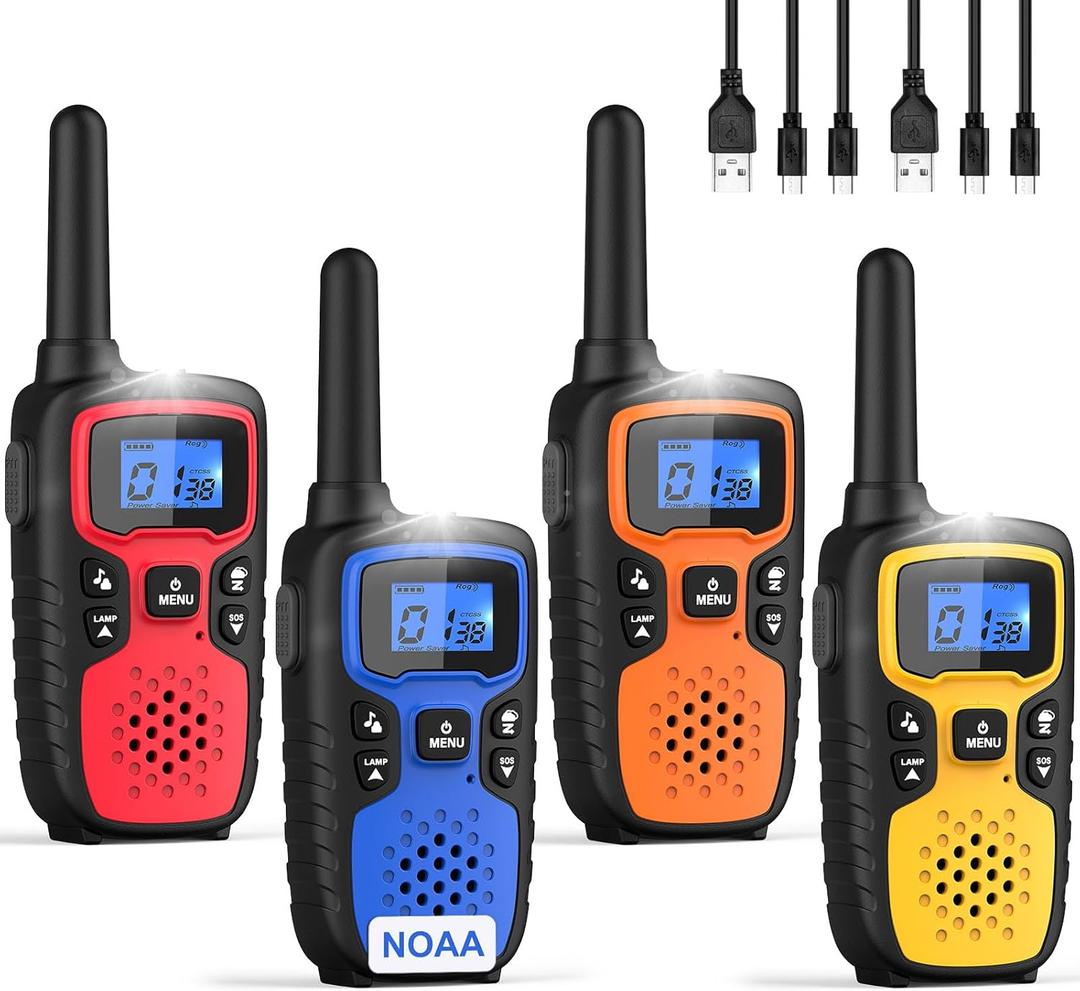 Wishouse Walkie Talkies for Adults Long Range-Rechargeable 4 Pack 2 Way Radios, Hiking Accessories Camping Gear Xmas Birthday Gift for Kids Family with Lamp,SOS Siren,NOAA Weather Alert,Easy to Use (Red Blue Orange Yellow)