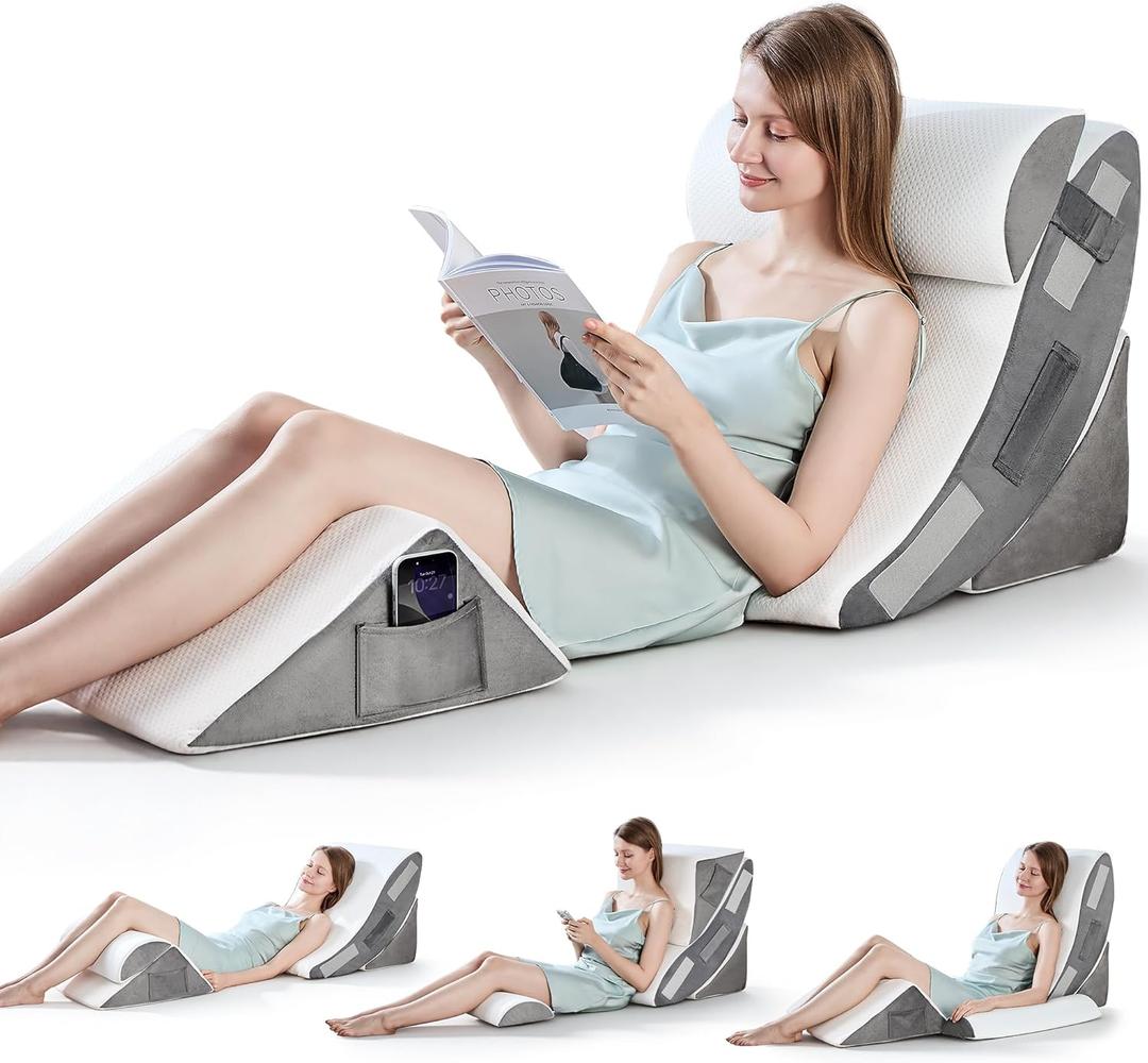 Bed Wedge Pillow, 4PC Adjustable Memory Foam Triangle Wedge Pillow Set For After Surgery, Pillow Wedge For Sleep Apnea, Back Pain Relief, Acid Reflux Relief, Orthopedic Pillow Wedge For Sleeping, Grey