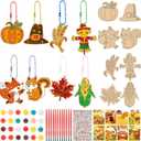 Funrous 24 Set Thanksgiving Crafts for Kids, Fall Unfinished DIY Crafts Keychain Thanksgiving Wood Cutouts Ornaments Painting Kit with Maple Pumpkins Cards for Boys Girls Autumn Harvest Activity Gifts
