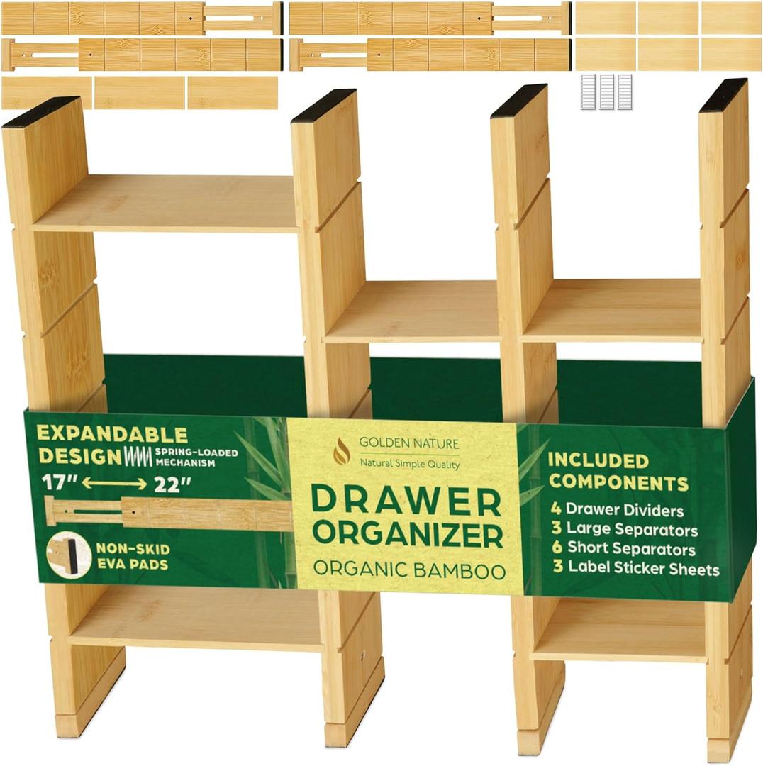 Bamboo Drawer Organizer - with Inserts & Labels, 17-22" - Adjustable Spring Loaded Kitchen Dividers for Utensils & Junk Storage - Expandable Silverware Separators for Organization