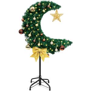 3FT LED Lighted Eid Ramadan Moon Tree with Star String, Artificial Muslim Islamic Crescent Moon Tree with Hanging Ornaments, Floor Standing Decor for Eid Mubarak Home Garden Party