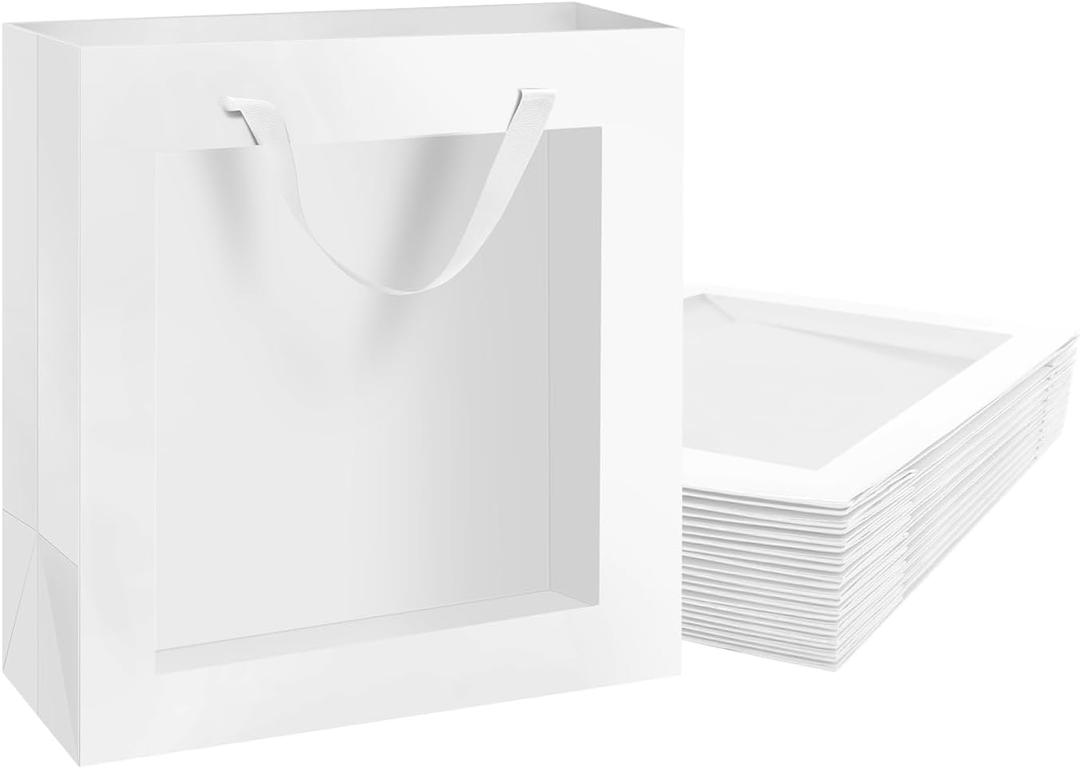 PACKQUEEN 12pcs White Gift Bags with Transparent Window, 10x4.5x11 Inches Large Gift Bags with Handles for Wedding Graduation Mother's Day Festivals Party Present (Glossy White)