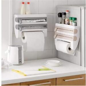 4-in-1 Wall-Mount Paper Towel Holder Plastic Wrap Foil Dispenser Kitchen Cling Film Taste Bottle Storage Rack Kitchen Accessor (Gray)