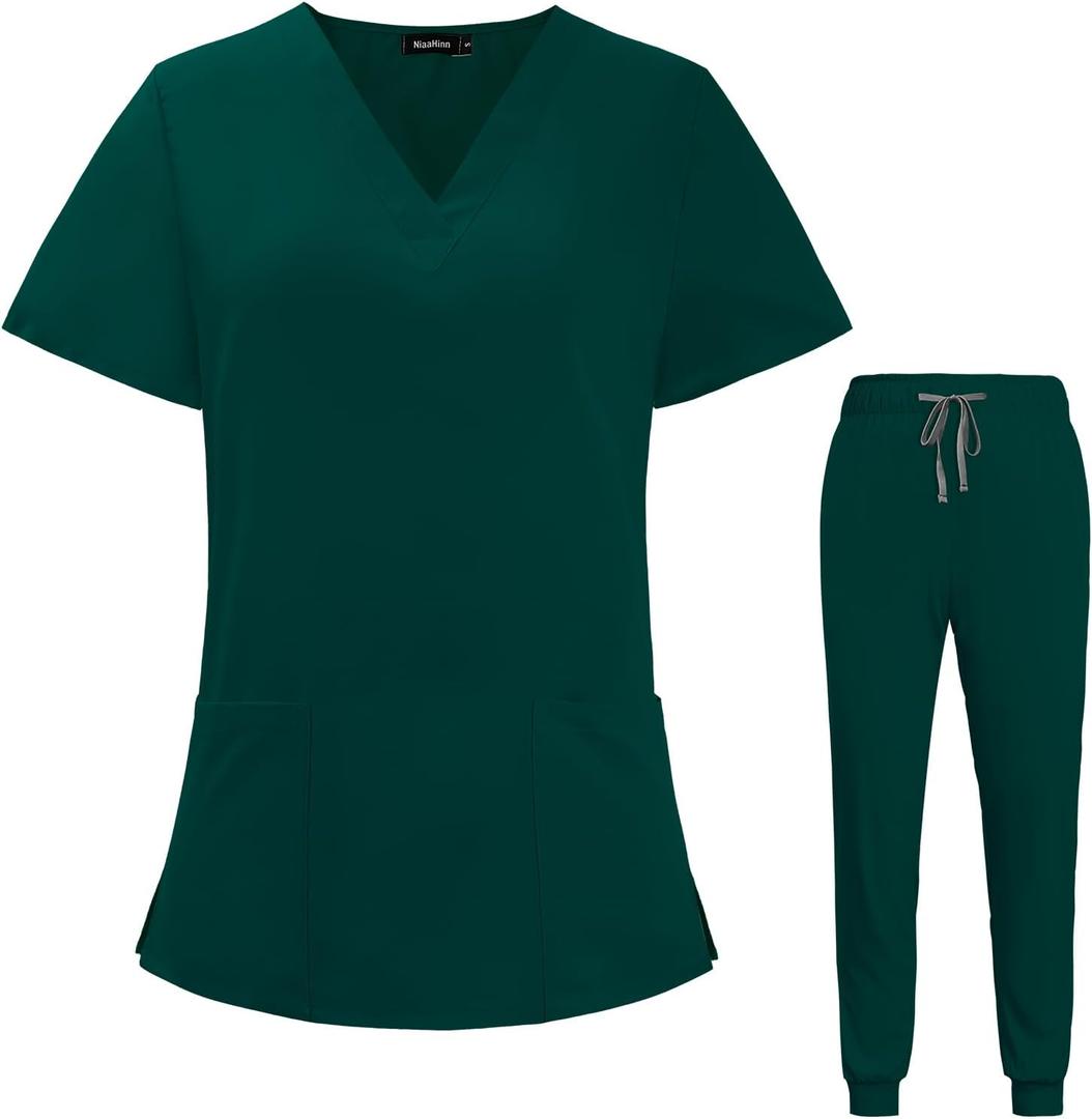 VIAOLI Scrubs for Women Set V-Neck Pocket Top & Drawstring Jogger Scrub Pants Stretch Nursing Scrubs Set Uniform (XX-Large, Green)