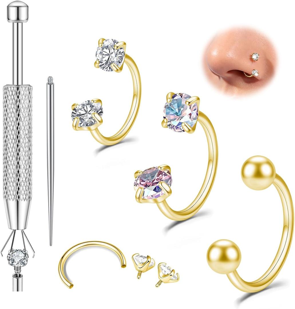 Titanium Horseshoe Nose Ring 20g, Gold Silver Nose Rings Hoops with Double CZ Gems Hypoallergenic Septum Ring for Women Men, Small Cartilage Helix Tragus Daith Labret Piercing Jewelry 7mm 8mm 9mm