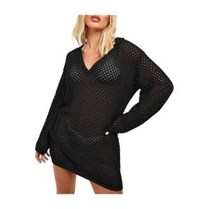 Pink Queen Swimsuit Coverup for Women 2025 Crochet Long Sleeve Hollow Out Mesh Knit Beach Cover Up L