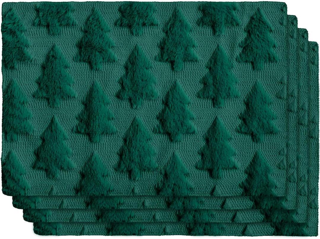 Artoid Mode Xmax Trees Green Christmas Placemats Set of 4, 12x18 Inch Soft Plush Faux Fur Wool Holiday Winter Table Mats for Party Kitchen Dining Decoration