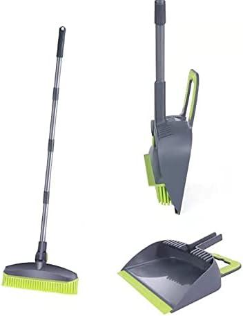 Adjustable Rubber Push Broom and Dustpan Set, Self Cleaning Indoor Outdoor Angle Brooms with Dust pan for Home, Long Handle for Floor Sweeping, Kids, Carpet Dog Cat Pets Offices Use