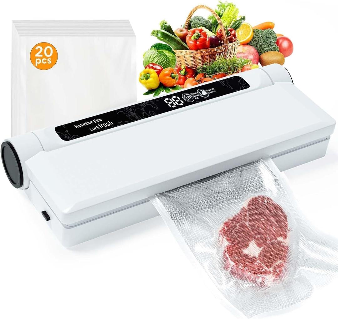 Food Vacuum Sealer Machine, 75KPA Strong Suction, Dry/Wet Modes, 20 Vacuum Seal Bags for Food, Digital Countdown Timer, Compact Lightweight, Ideal for Home Kitchen Use