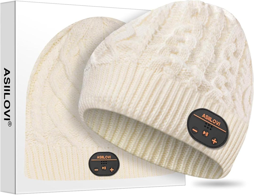 Bluetooth Beanie for Women, Double-Layer Wool Lining Bluetooth Hat Beanie for Women/Girls/Teens/Family, 20hrs Playing, Gift Packaging for Christmas Stocking Stuffers Thanksgiving (02-White)