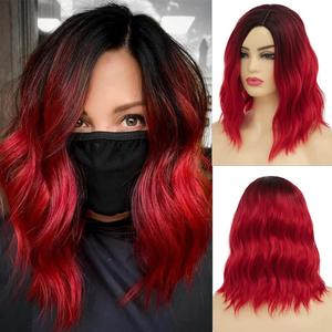 Ombre Red Wig Short Curly Wavy Bob Wigs Synthetic Wavy Bob Wigs for Women Shoulder Length Middle Part Natural Looking Wigs (Ombre Red Bob)