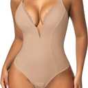 SHAPERIN Women's Lace Deep V Neck Cami Bodysuit Plunge Tummy Control Shapewear Thong Body Suits Double Lined Body Shaper (X-Large,Nude)