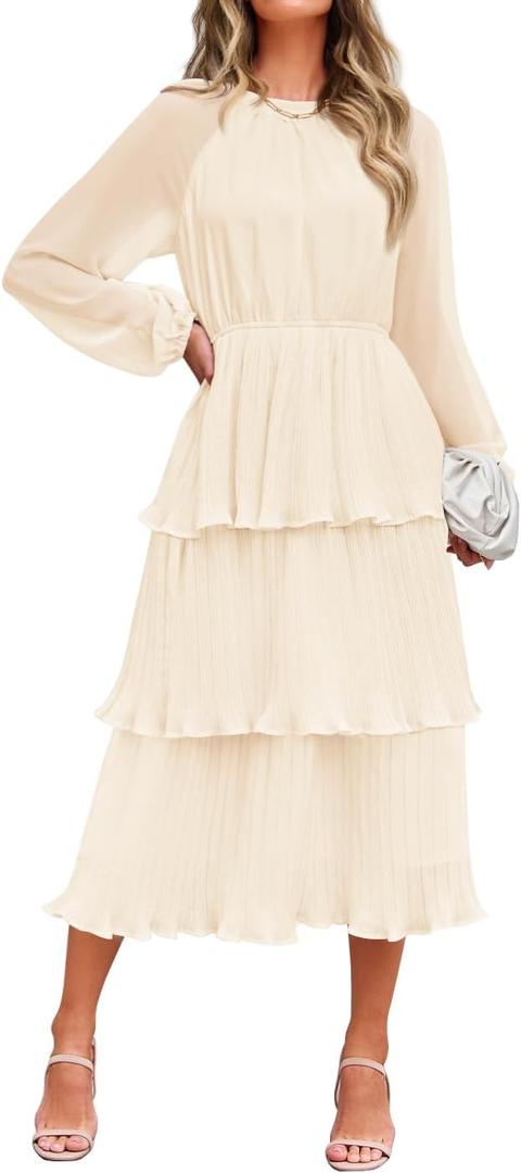 ZESICA Women's 2026 Long Sleeve Crew Neck Ruffle Tiered Layered Chiffon Flowy Swing Long Midi Dress (Medium, Apricot)