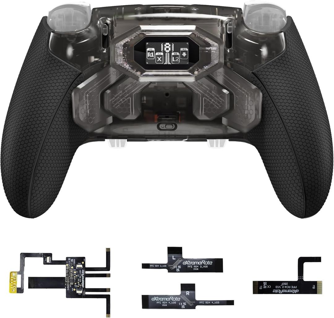 eXtremeRate Beyond Back Paddles Kit for PS5 Edge Controller, OLED Display, Redesigned Ergonomic Rubberized Grips Bottom Shell, Remappable 4 Back Buttons Set for PS5 Edge Controller - Clear & Black