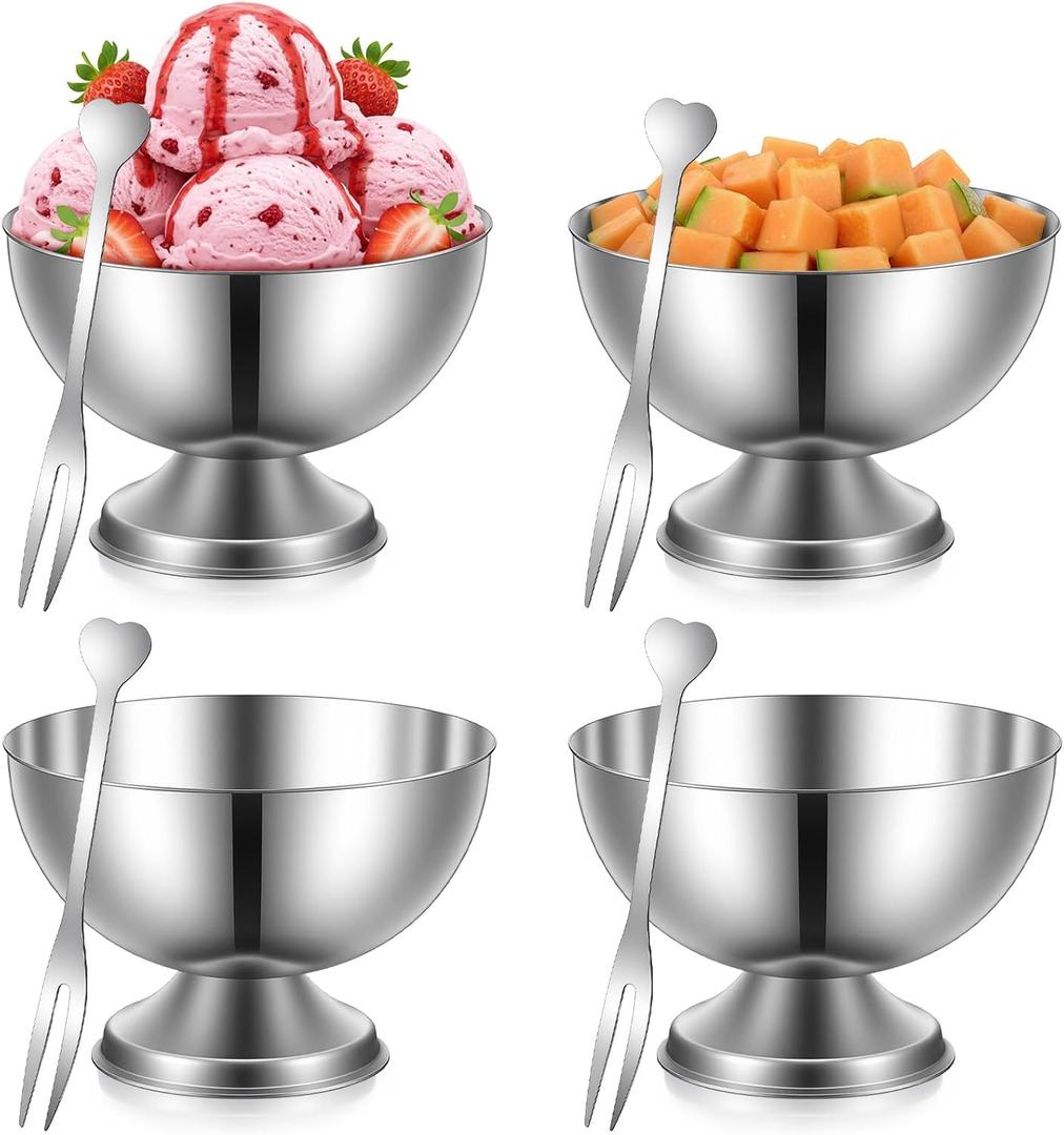 4 Pcs Stainless Steel Dessert Cup Ice Cream Bowls with 4 fork, 7 Oz Footed Metal Small Cute Sundae Bowl Dessert Glasses Sauce Cups Pasta Salad Mug Parfait Bowl Yogurt Snack Candy Dishes