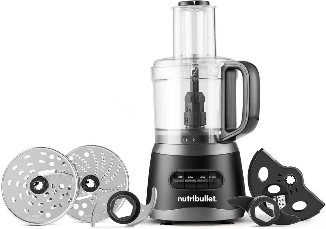 nutribullet NBP50100 Food Processor 450-Watts with 7-Cup Capacity and Stainless Steel Slice, Shred, Chop and Dough Attachments, Black