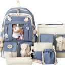 5-Piece Aesthetic Kawaii Backpack Set with Kawaii Pin and Pendants Accessories, Nylon Material | Durable & Adorable (Blue)