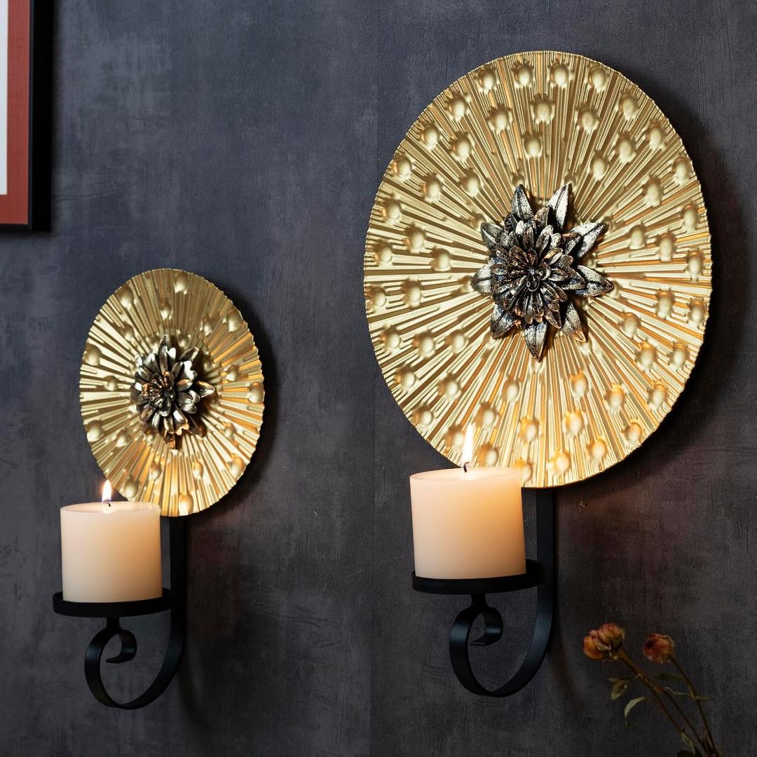 Wall Sconce Candle Holder Metal Hanging Wall Decorations for Home,Living Room, Bathroom, Dining Room, Set of 2 ，（1 Large and 1 Small Combination，Gold