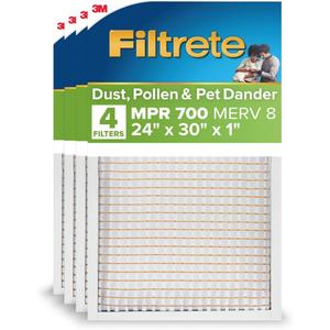 Filtrete 24x30x1 AC Furnace Air Filter, MPR 700, MERV 8, Tough on Pollen, Easy on Airflow, 3-Month Pleated 1-Inch Electrostatic Air Cleaning Filter, 4-Pack (Actual Size 23.81 x 29.81 x 0.81 in)