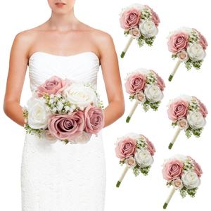 Wedding Bridesmaid Bouquets Set of 6, Artificial Silk Flowers Arrangement for Ceremony Marriage Proposal Party Anniversary Decorations - Dusty Pink & White