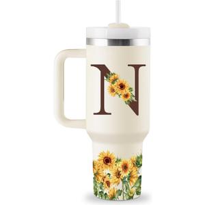 Sunflower Gifts for Women - Monogrammed 40 oz Tumbler with Handle & Straw - Personalized Gifts for Women, Monogrammed Gift for Mom, Wife, Sister, Friend - Initial Sunflower Tumbler Cup