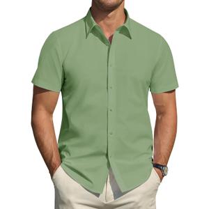 J.VER Men's Short Sleeve Dress Shirts Stretch Stain Shield Casual Button Down Shirts Solid Formal Shirt (Green, XXL)