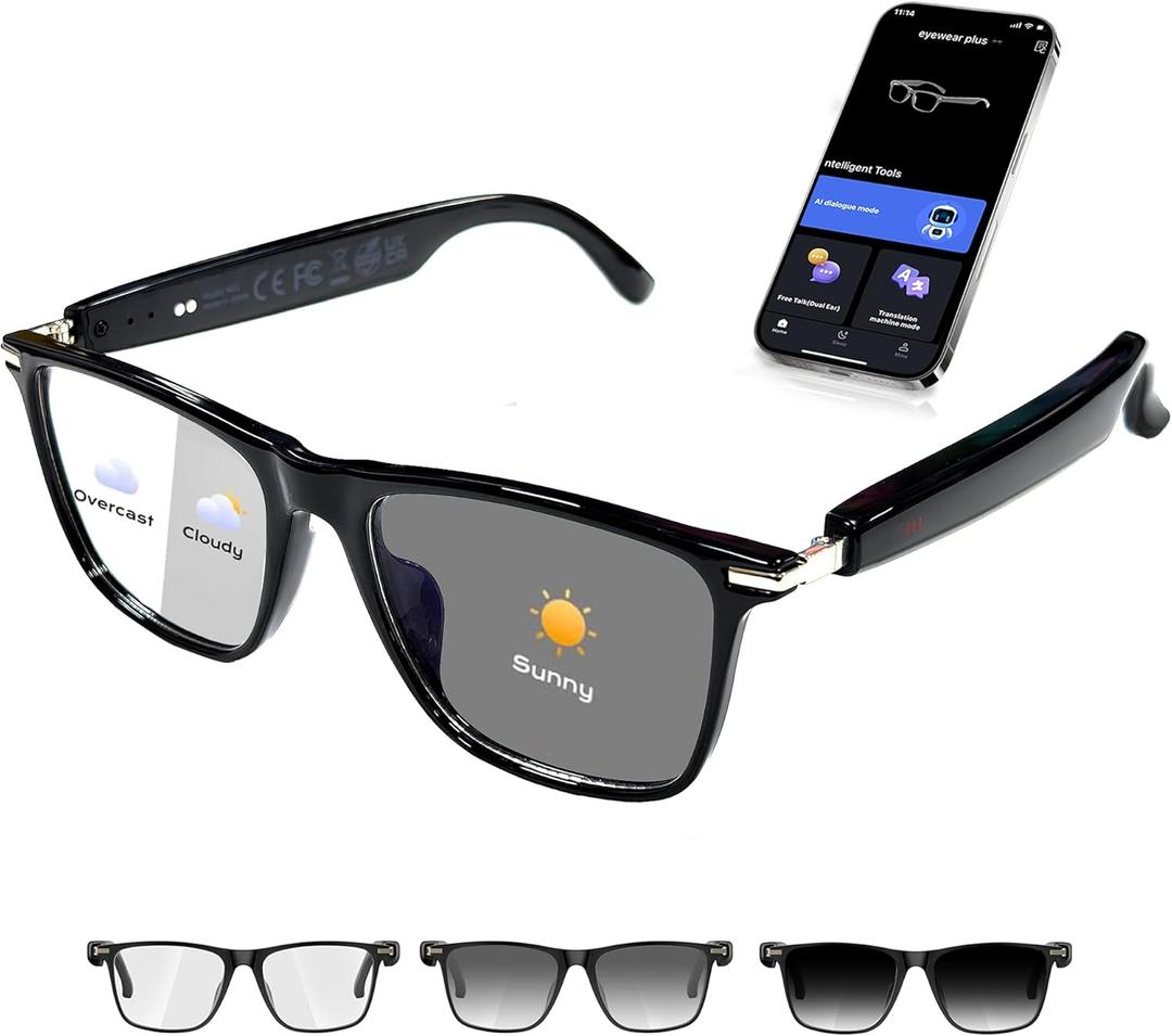 AI Smart Glasses,AI Chat Deepseek R1 and Gemini2.5 with 164 Translations Supported,Bluetooth Glasses for Men Women,Music Playback & HandsFree Calling,Physical Color Changing Lens,IP67 Waterproof