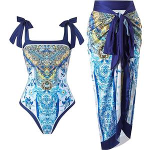 One Piece Bathing Suit for Women with Beach Cover up Wrap Skirt Swimsuit Sarong Retro Floral Print Bikini Set (Blue), XL