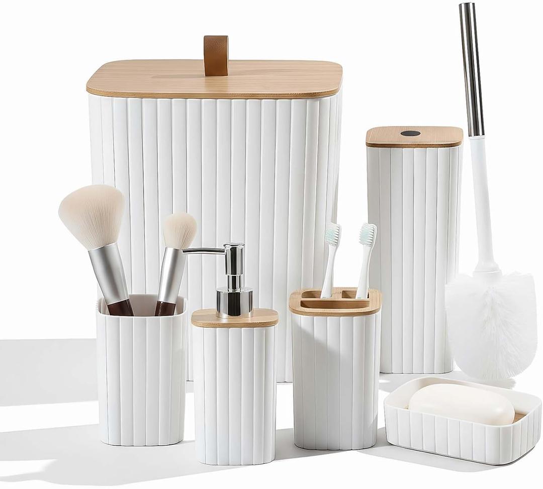 CJC 6-Pcs Bathroom Accessories Set with Bamboo Lids, Matte White Bathroom Organizer Kit, Includes Toilet Brush, Trash Can, Soap Dispenser, Soap Dish, Toothbrush Holder & Cup, Fits Minimalist Bathrooms