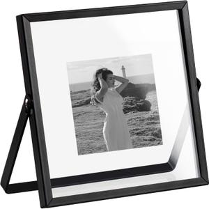 eletecpro 4x4 Metal Picture Frame with Real Glass Cover, Horizontal Tabletop Display Photo for Multiple Size up to 4x4, Floating Photo Frame for Wedding, Party, Home Decor, Black